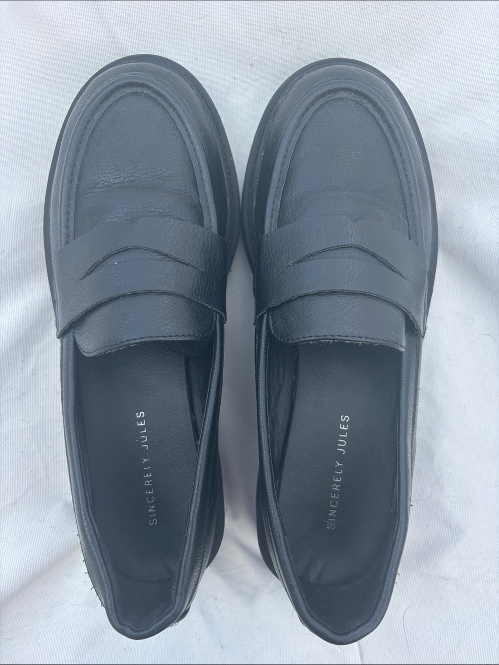 Sincerly Jules Black chunky Leather Penny Loafers  with lug sole for women
